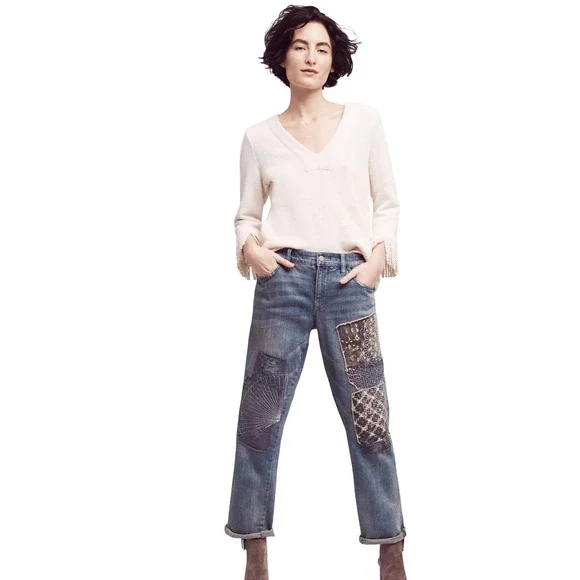 Pilcro Jean Hyphen Shibori Mid-Rise 31 Blue Denim Patchwork Embroidered Straight - Picture 2 of 9